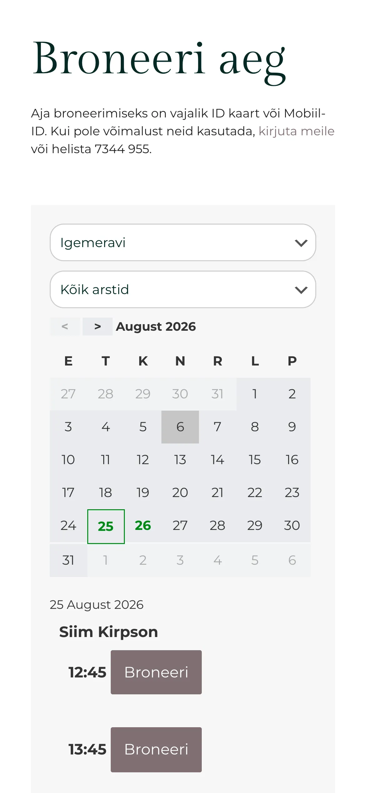 dental.ee broneerimisleht telefonis: teenuse ja arsti valikud kuukalendri kohal ning vabad ajad selle all.