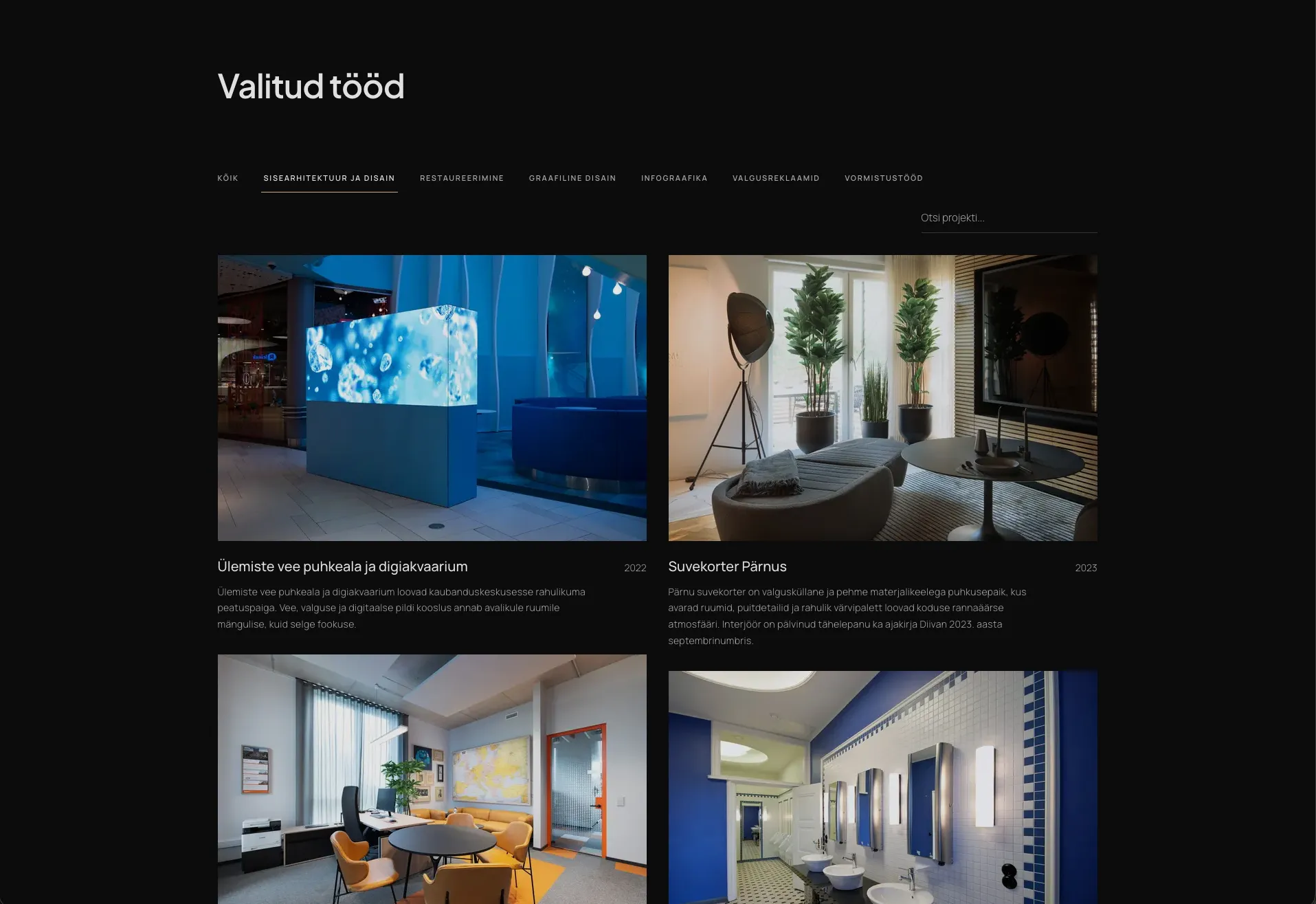 joon.ee valitud tööde arhiiv: kategooriafiltrid ja projektiotsing tumedal taustal paikneva kaheveerulise sisearhitektuuriprojektide ruudustiku kohal.