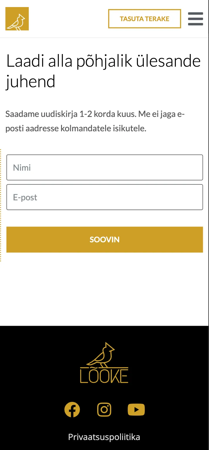 l6oke.ee meililistiga liitumise vorm telefonis, kus nime- ja e-posti väljad asuvad lehe jaluse kohal.
